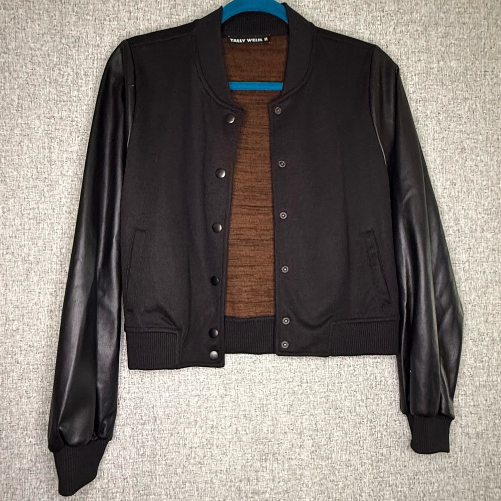 Tally Weijl Cropped Black Varsity‎ Jacket Vegan Leather Size Medium
